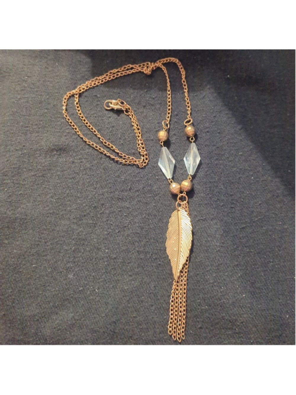 Brass Tone Feather Clear Bead Chain Tassel Long Statement Necklace